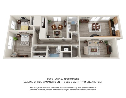 Floor plan for 2 beds, 2 baths, 1104 sqft